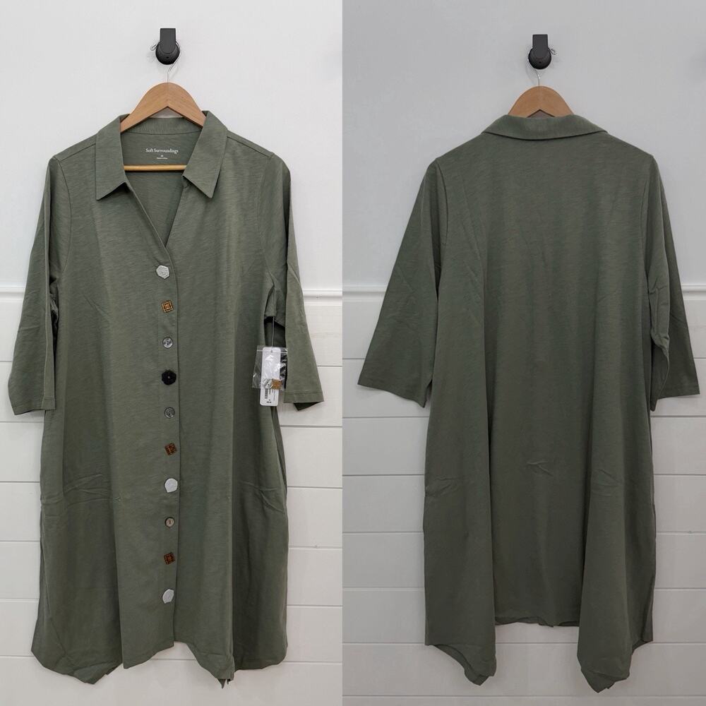 NWT! Soft Surroundings 3/4 Sleeve Danielle Button Dress Agave Green 2X